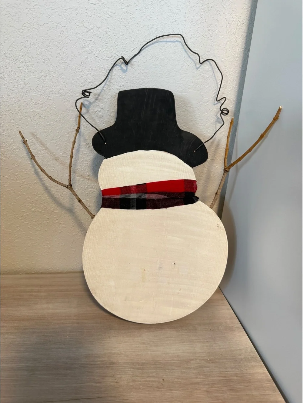 Rustic Wooden Snowman Wall Decor with Plaid Scarf and Wire Hanger